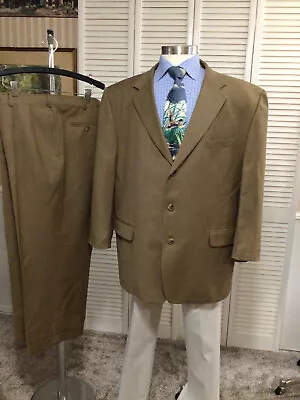 JOS A BANK MENS CAMEL BROWN 3 BUTTON WOOL 2 PIECE SUIT SIZE 50S  PANTS 46x28 • $28