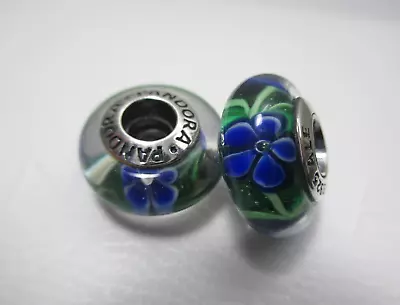 2 Royal London Blue Flowers Daisy Cherry Authentic Pandora Murano Glass Charms • $0.99