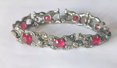 Vintage Open Silver Bracelet W/ Marcasite & Round Ruby Red Rhinestones • $29.95