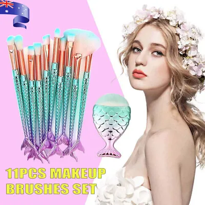 11 X Mermaid Makeup Brushes Set Fish Tail Foundation Eyeshadow Cosmetic Brush AU • $9.38