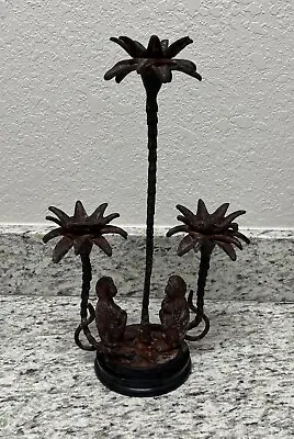 Two Monkeys Sitting Under Palm Trees Brass Triple Candle Stick Holder. MadeIndia • $14.99