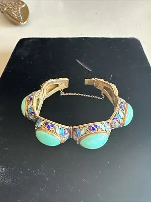 Spectacular Antique Chinese Silver Filigree Turquoise & Enamel Bracelet • $399