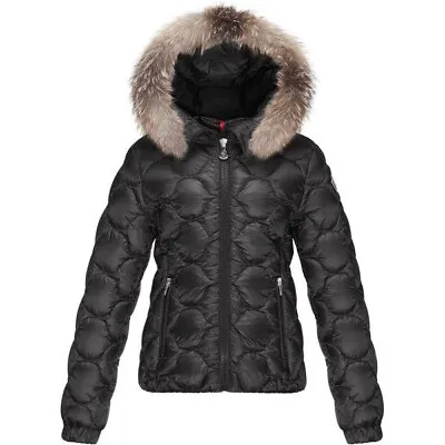 Moncler Girls Blue Morgaine Hooded Down Quilted Jacket Sz 8 Removable Hood & Fur • $875
