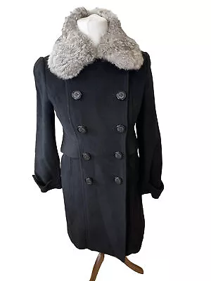 Cacharel Baby Jane Black Wool Coat Size Small Detachable Grey Rabbit Fur Collar • $65.19