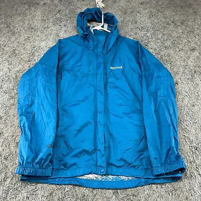 Marmot Jacket Womens Large Blue Logo Lined Hooded Windbreaker Rain Coat • $4.95