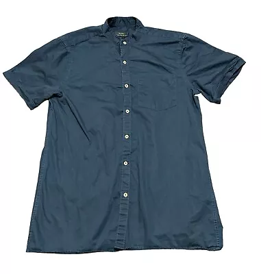 Zara Man Shirt Mens Medium Blue Short Sleeve Button Down High Neck Check Pocket • $12.99