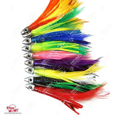 4  Mini Feather 1/2oz Bullet Chrome Head Trolling Tuna Feather Squid Skirt Lot • $19.88