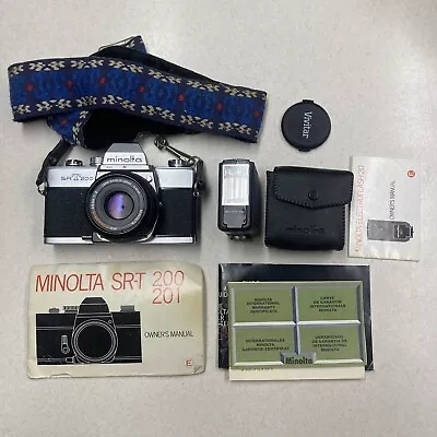 MINOLTA SRT 200  35mm Film Camera W/45mm Rokkor-X Lens And 20 Flash • $59.99