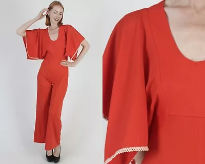 Vtg 70s Minimalist Red Utility Jumpsuit Coveralls Bell Bottom Janitor Playsuit • $70.30