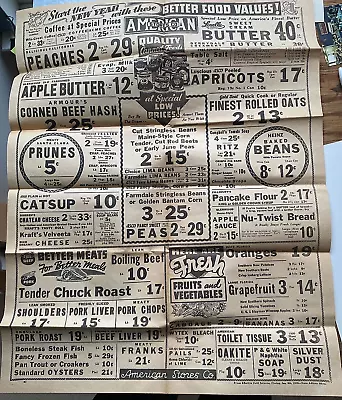 1938 American Stores Co. Folded Grocery Sales Flier. Martinsburg WV. 17x 21 • $6.95