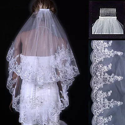 RULTA 2 T Sequin Flower Edge Fingertip Length Short Bridal Wedding Veil Comb B9 • £4.99