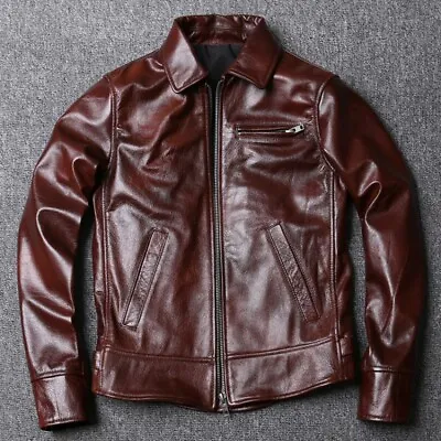 Men's Genuine Cowhide Motorcycle Leather Jacket Long Sleeve Slim Fit Biker New L • $102.68