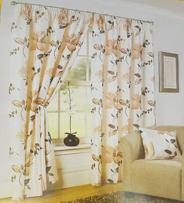 Hamilton McBride Floral Lined Ready Made Beige/Chocolate Curtains 90x90 SS06 92 • £27.99