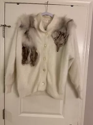 Vintage 80’s Wool Ivory Cardigan With Fox Fur Collar. Bespoke Sweater. Size L • $95