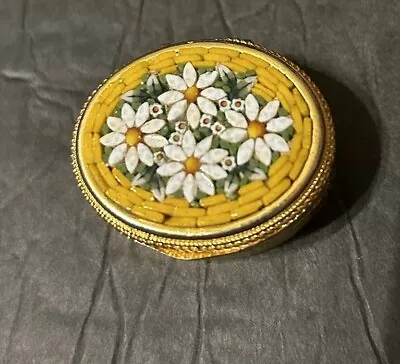 Vintage Italian Oval Micro Mosaic Hinged Lid Pill Trinket Box Daisies Italy EUC • $25