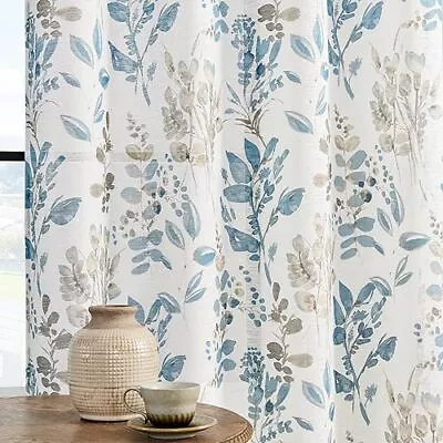 Floral Curtains 63 Inch Length 2 Panels Set For Living Room Navy Semi Sheer C... • $48.88