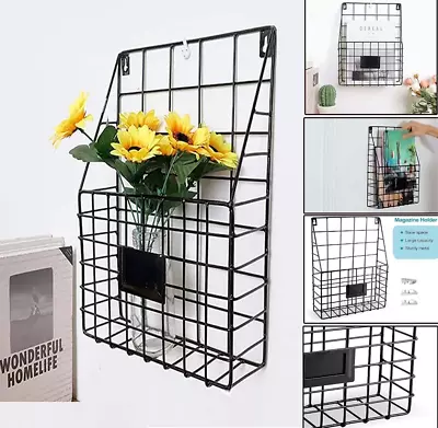 Simple Wire Magazine Newspaper Basket Wall Mounted Post Storage Rack Holder • £9.19