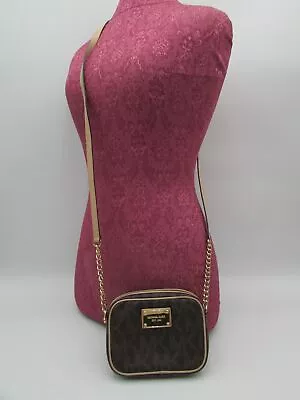Michael Kors Jet Set Brown Monogram Coated Canvas Mini Crossbody Handbag Purse • $19.99