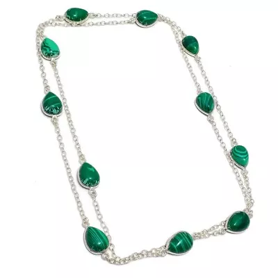 Green Malachite Gemstone Handmade 925 Sterling Silver Jewelry Necklace 36  • $11.39