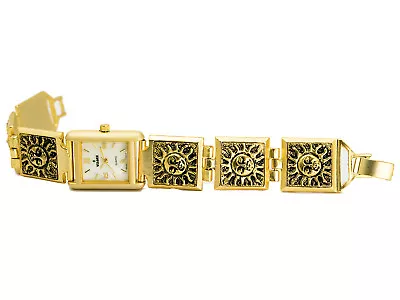 Visage: Women's Gold Finish Metal Band Sun Links Square Case Analog Quartz Watch • $13.49