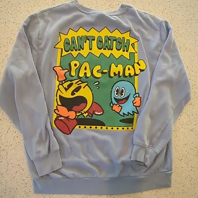 PacMan Sweater Mens Large Blue Sweatshirt Pullover Crew Neck Gamer Logo FLAW • $1.45