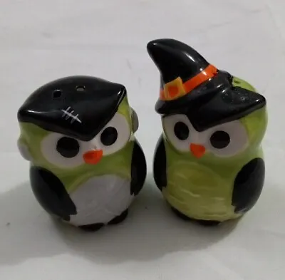 Ceramic Halloween Owl Salt & Pepper Shakers Pirate And Witch Vintage • $22.50