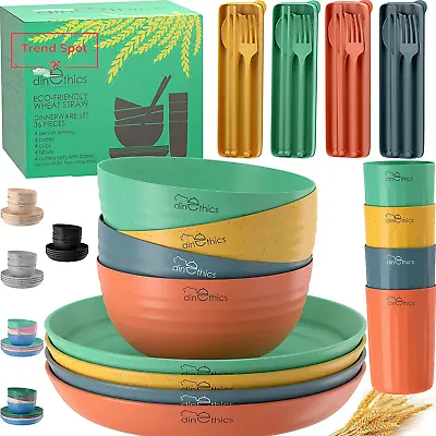 Wheat Straw Dinnerware Sets For 4 (36Pc) Unbreakable N Microwave Safe - Plates A • £59.95