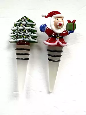 Wine Bottle Stoppers Santa Present Holiday Christmas Tree  Blown Glass Lot Of 2 • £9.63