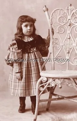 Cabinet Card Photo Pretty Girl W Plaid Dress & Wicker Chair Lewiston ME Maine • $6.95