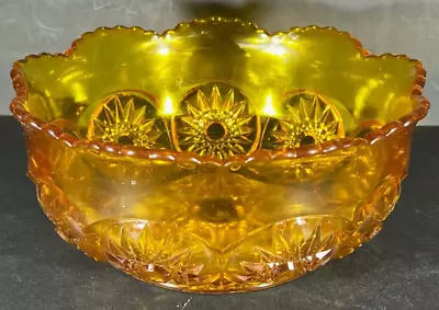 Vintage Indiana Glass Amber 6 3/4  Bowl - Scalloped Sawtooth Edge - UV Glows • $25