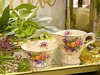 Vintage Tunstall H&K Creamer & Sugar Bowl Petit Point Fruit Chintz Gold Gilt • $13.80