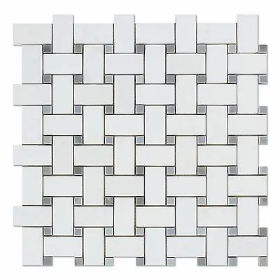 Thassos White Marble Polished Basketweave Mosaic Tile W/ Blue-Gray Dots • $30.99