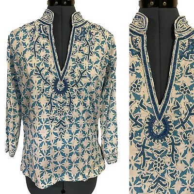 Barbara Gerwit Blue White Medallion Print Paisley Beaded V Neck Tunic Top Sz XS • $16.99