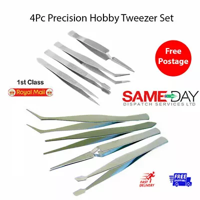 4pc Stainless Steel Tweezers Set Precision Craft Modelling Work Hobby Jewellers • £4.88