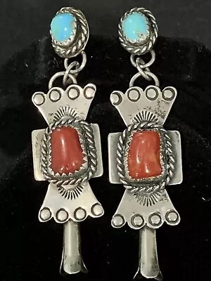 Old Pawn 70s Turquoise Coral SQUASH Dangle Post EARRINGS 925 Silver Signed TB • $299