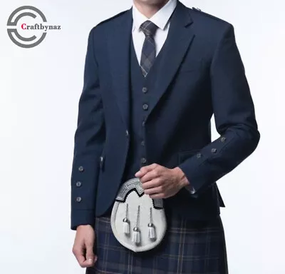 Scottish Blue Wool Argyle Kilt Jacket With Vest Argyle Kilt Wedding Jacket • £70