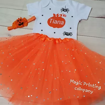 Baby Girls Pumpkin Outfit Costume Halloween ANY NAME Tutu Gift Bodysuit VEST Top • £9.99