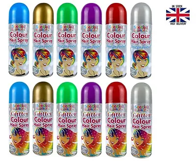 Halloween NewYear Parties Temp Hair Colour Plain & Glitter Colour Spray Wash Out • £5.99