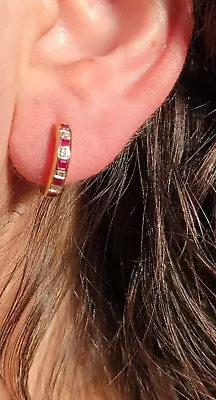 14K Two Tone Gold Ruby Sapphire Huggie Hoops With Diamond Accents • $395