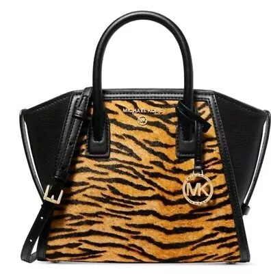 Michael Kors Avril Brown Multi Tiger Print Calf Hair Zip Satchel XBody $398 Nwt • $145