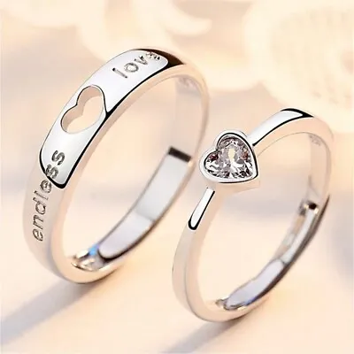 2pcs/set 925 Silver Zircon Promise Ring Couple Adjustable Letters Lover Heart • £4.99