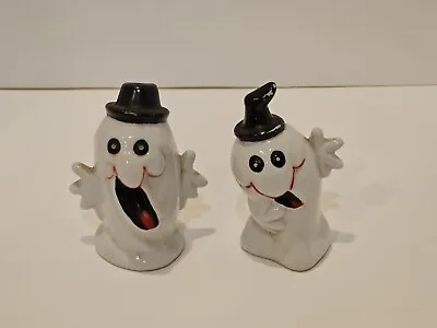 Vintage Ceramic Ghosts With Black Hats Halloween Salt And Pepper Shaker Set • $17.52