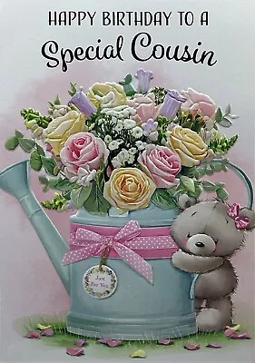 COUSIN BIRTHDAY GREETING CARD FEMALE CUTE TEDDY FLOWERS 7”x5” FREE P&P • £1.89