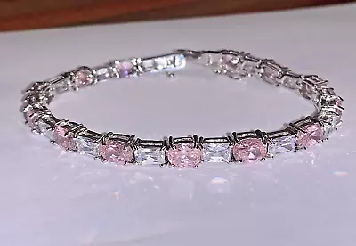 Vintage Sterling Silver 925 FAS Thailand Pink Cz Stones Tennis Bracelet Safety • $40