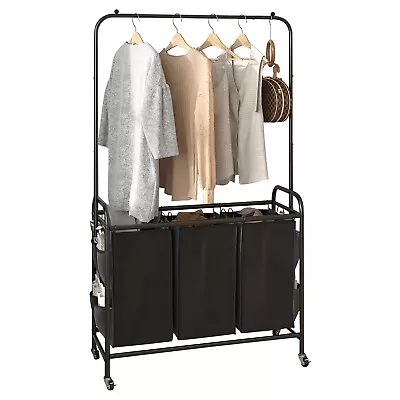 Heavy Duty Garment Hanging Rack Organizer Bar Laundry Hamper Rolling Cart Basket • $50.53