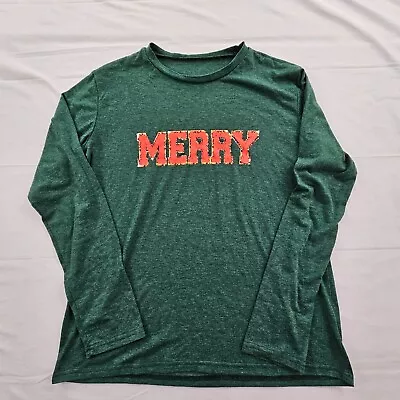  Merry  Green Long Sleeve Cotton Blend Chirstmas T-Shirt Adult S • $13.97