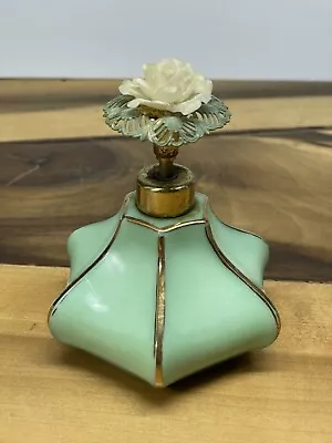 Vintage Jadeite Green W/ Gold Trim Rose Petal Perfume Bottle - Made In France • $31.51