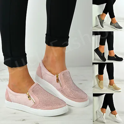 New Womens Ladies Slip On Studded Flat Trainers Zip Shoes Size Uk 3-8 • £16.99