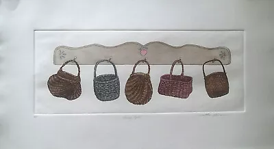 Martha Hinson Etching  Hang Ups   5 Wicker Baskets Hanging On Wood Board Heart • $17.99