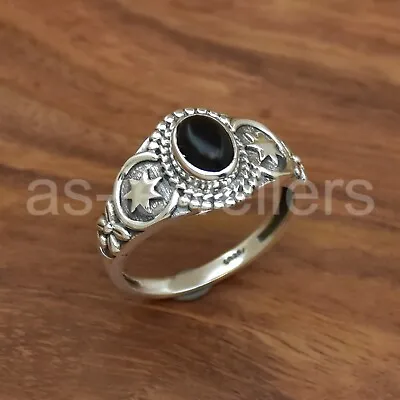 925 Sterling Silver Black Onyx Ring Star Moon Jewelry Silver Unisex Ring • $26.50